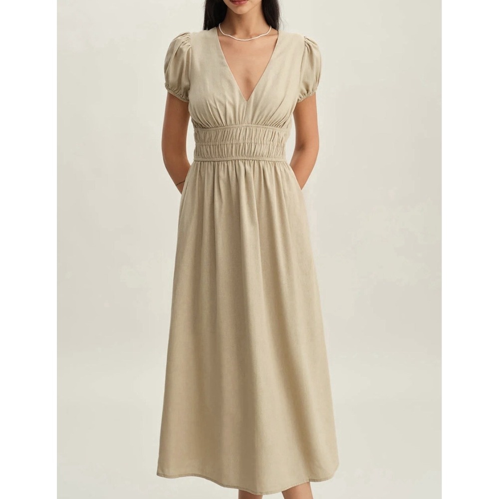 NEW! RIHOAS Ruched Puff Sleeve Midi Dress Sz M Beige Linen Blend Zip Closure